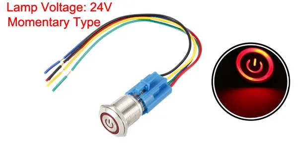 Red Momentary-24V Uxcell кнопочный переключатель/Мгновенный Металл 19mm монтажное Диаметр 1NO 1NC 12/24V светодиодный светильник с разъем провода - Цвет: Red Momentary-24V