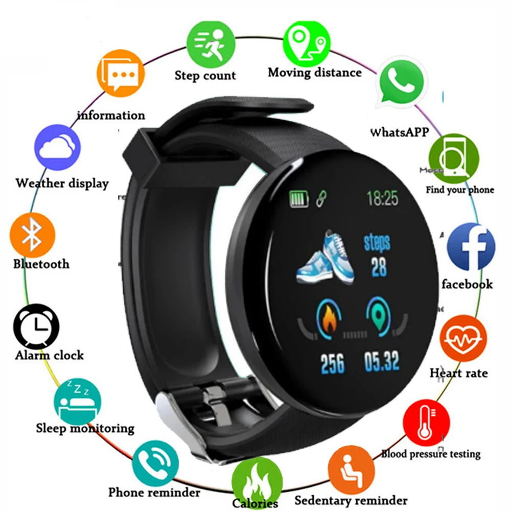 D18S Smart Watch Round Blood Pressure Heart Rate Monitor Women Fitness Tracker SmartWatch Android IOS Men Fashion Electron Clock