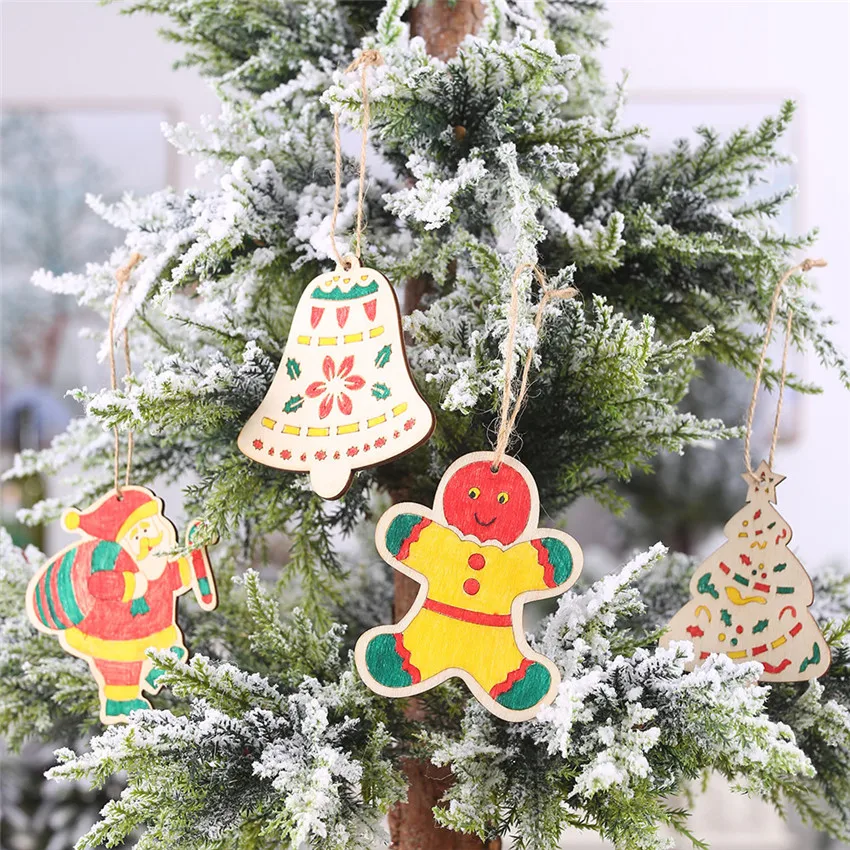 5pcs Wooden Kids DIY Color Painting Christmas Ornaments Cute Santa Claus Graffiti Art Crafts Toys Pendants Xmas Tree Decoration