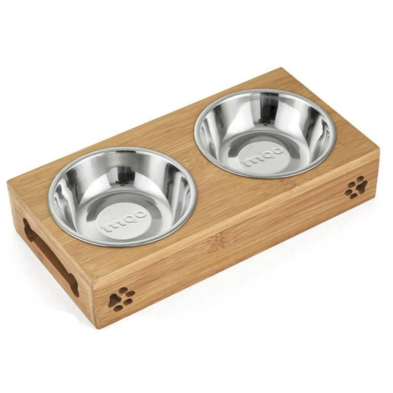 2 bowl New Popular Cat Dog Pet Stainless Steel Feeding and Drinking Bowls Combination with Bamboo Frame for Dogs Cats - Цвет: 2 bowl