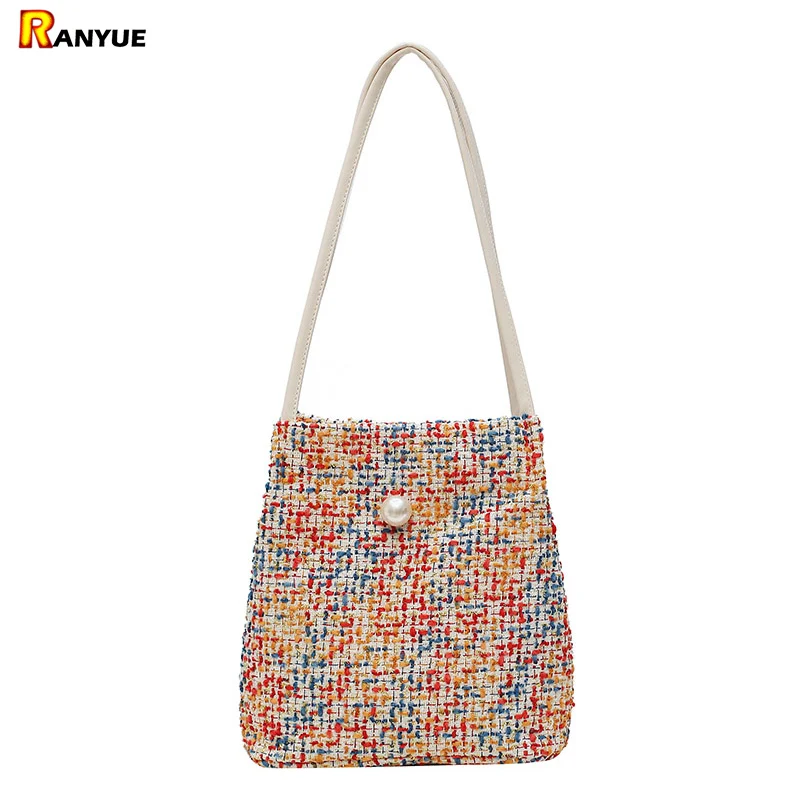 

New Autumn And Winter Patchwork Ladies Shoulder Bag Wool Knit Women Handbags Pearl Hasp Girls Bucket Fashion Casual Female Bags