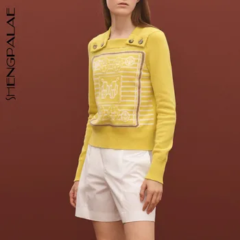 

SHENGPALAE 2020 New Spring Long Sleeve Jumper Knitted Button Decorative Geometric Pattern Square Collar Loose Pullover ZA2805
