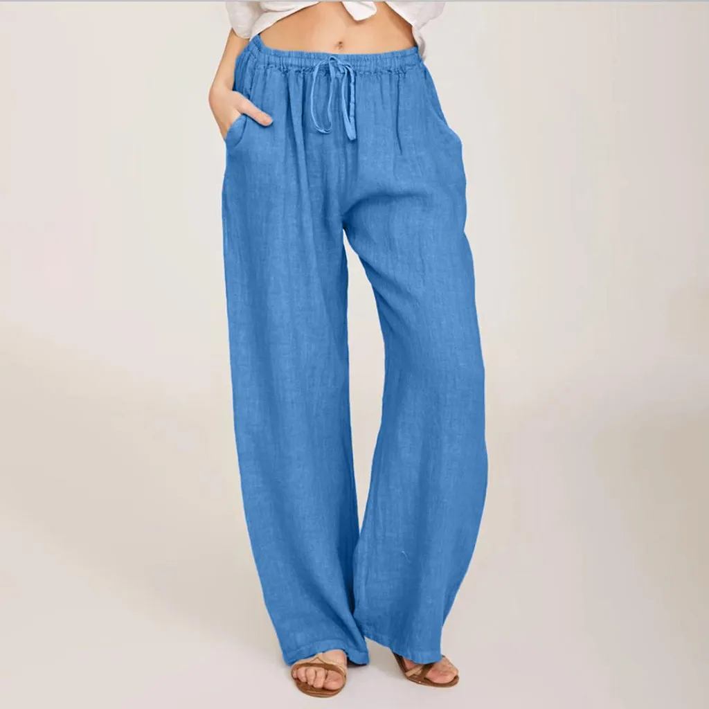 Summer Fashion Pants Plus Size 3xl Women Casual Solid Cotton Linen Pockets Loose Drawstring Elastic Waist Long Wide Leg Trousers