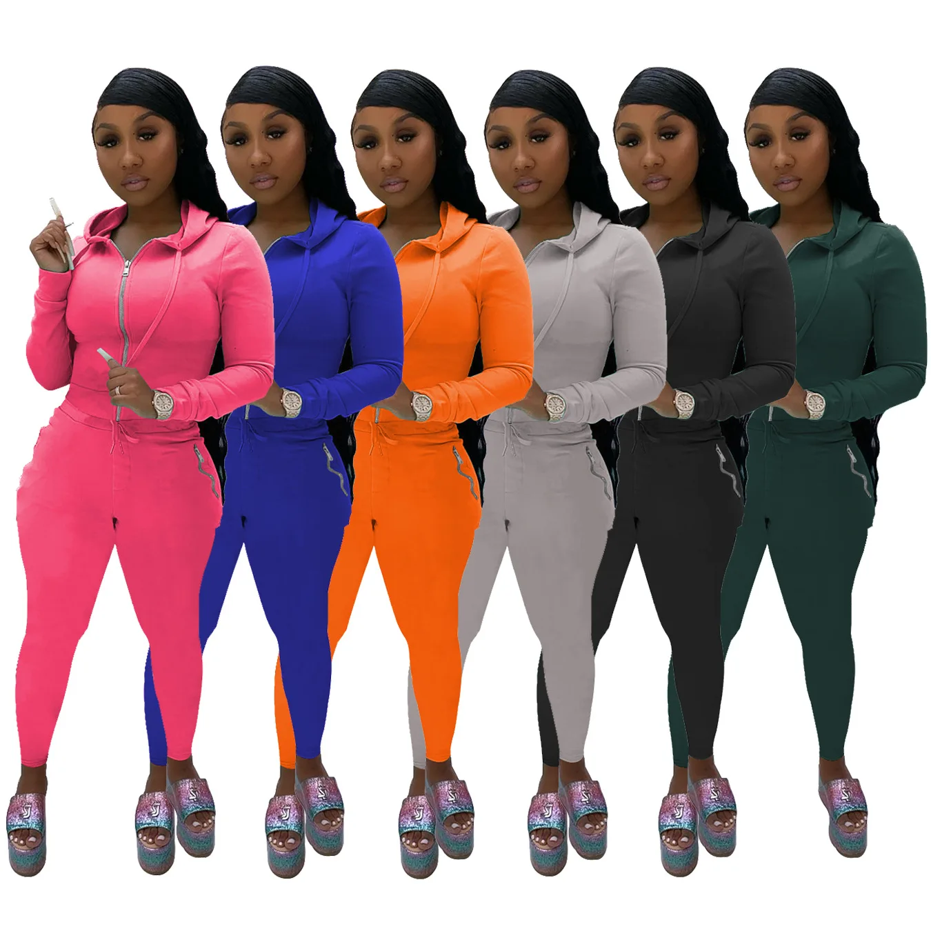 

2020 Autumn Women Hooded Tracksuit Solid Color Sportwear Long Sleeve Zipper Coat +Long Pants Casual Plus Size XXLTwo Pieces Set