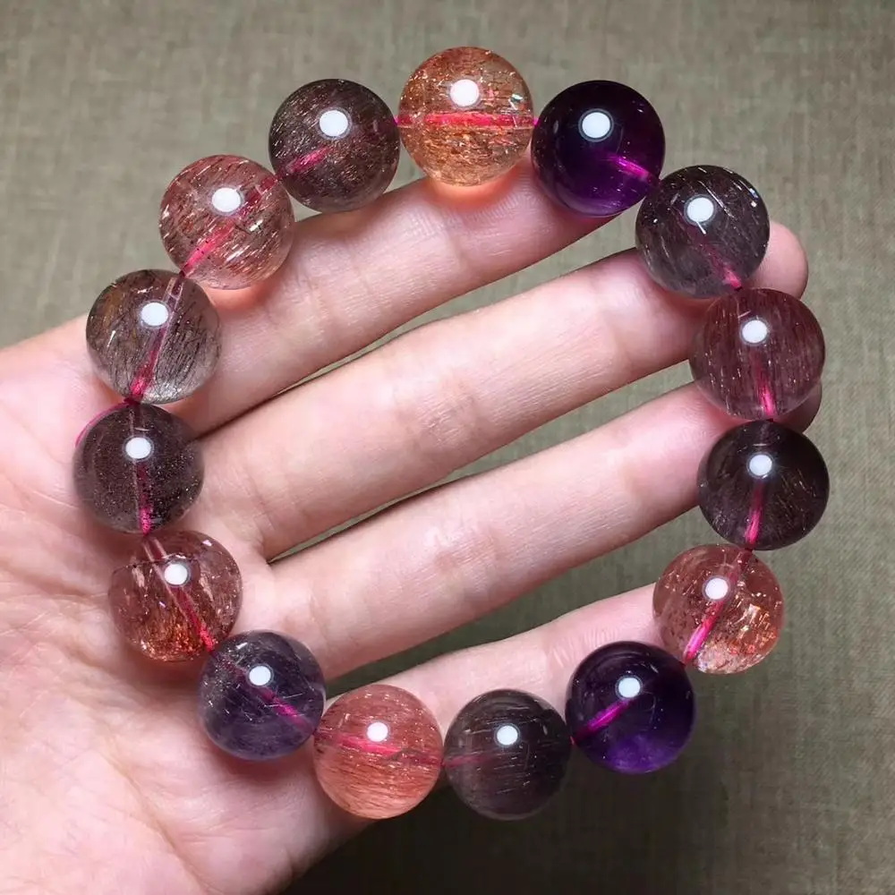 

14.5mm Top Natural Lepidocrocite Quartz Super Seven 7 Purple Rutilated Crystal Round Beads Bracelet Women AAAAAA Certificate