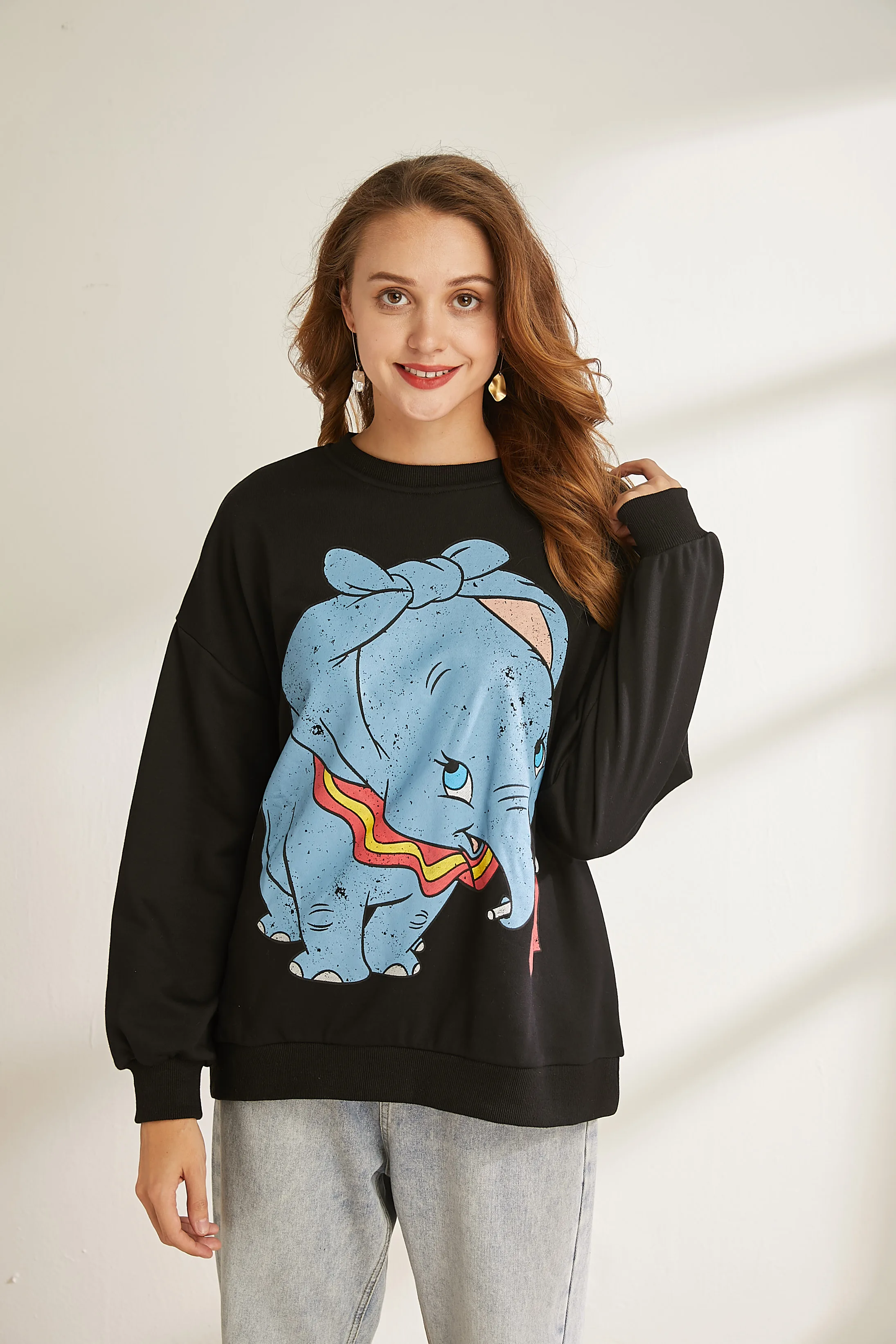 Dumbo Sweatshirt women clothing carton Elephant print autumn streetwear fashion o neck long sleeve oversize Black pullover