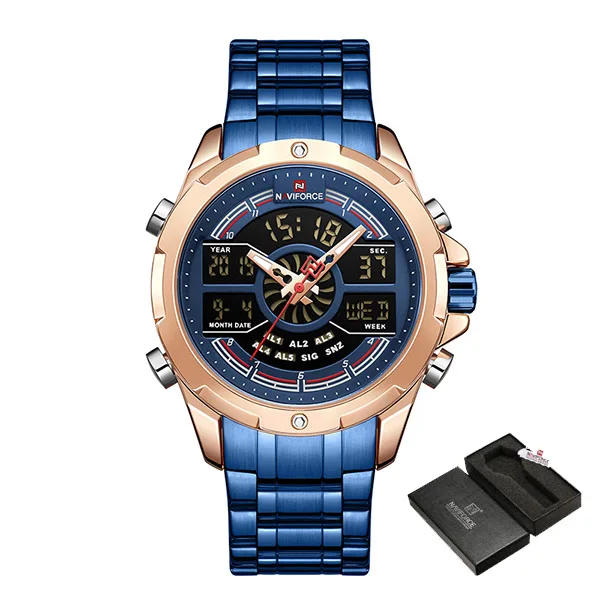 BlueWithBox NAVIFORCE часы мужские цифровые часы с двойным дисплеем новые роскошные брендовые водонепроницаемые кварцевые наручные часы для мужчин Relogio Masculino - Цвет: BlueWithBox
