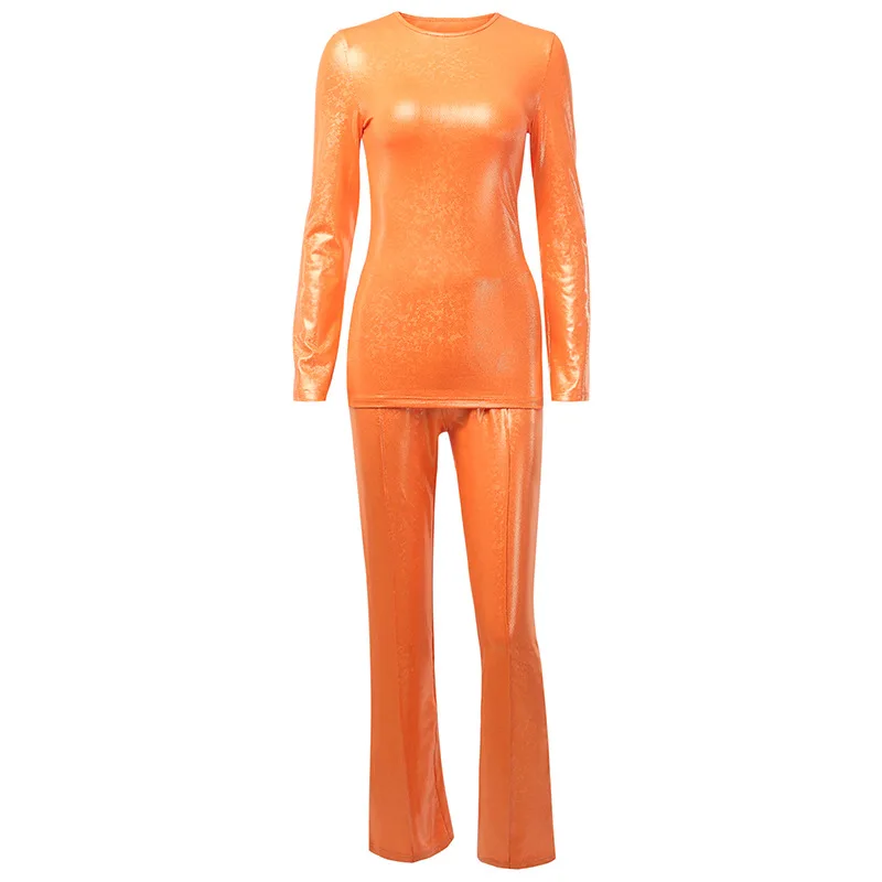 BOOFEENAA Kyliejenner блестящий оранжевый комплект из двух предметов топ и брюки женские комплекты одежды сексуальные осенние зимние Клубные наряды C66-AH43 - Цвет: Оранжевый