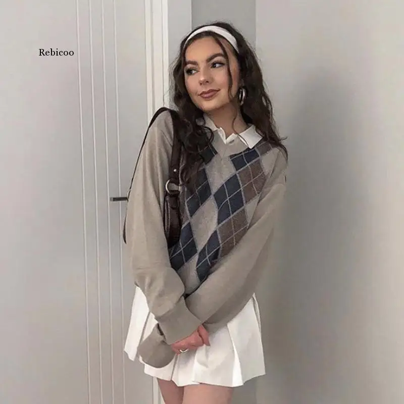 

Style Vintage V Neck Sweater Women Autumn Casual Plaid Jumper Female Korean Fashion Pullover Winter