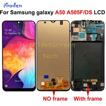 Amoled super para samsung galaxy, tela touchscreen para samsung galaxy a50 2019 a505f/ds a505f a505fd a505a montagem digitalizadora com moldura