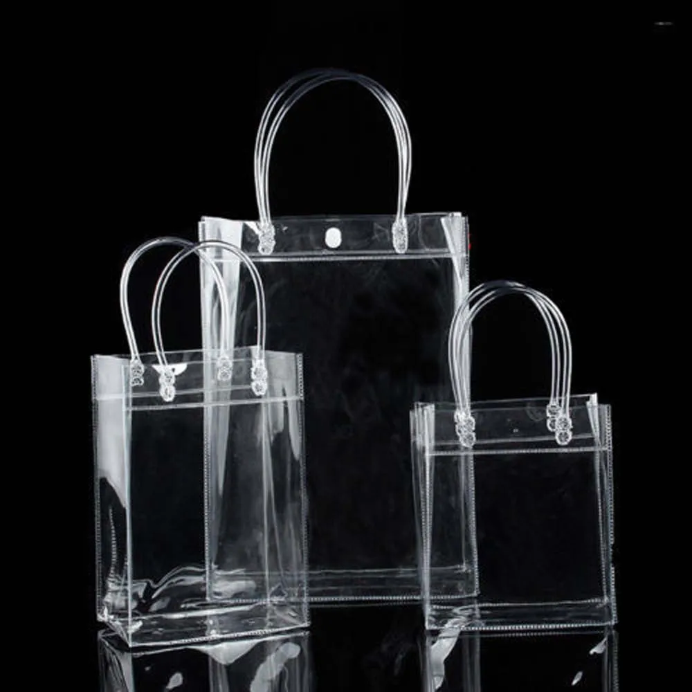1PCs PVC Transparent Gift Bags With Handles Fashion PP Button Clear Handbag Party Favors Bag Wine Packaging S/M/L | Дом и сад