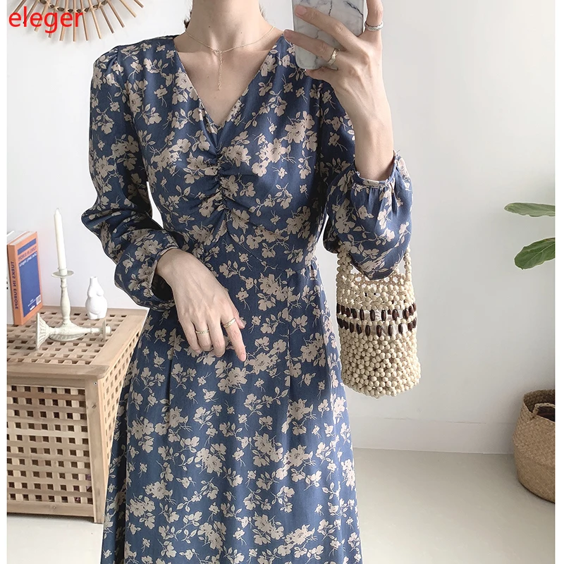 

Women Long Floral Chiffon Dress Spring Summer 2022 Long Sleeve Elegant Bohemian Retro Casual Party Korean Runway Vestidos New