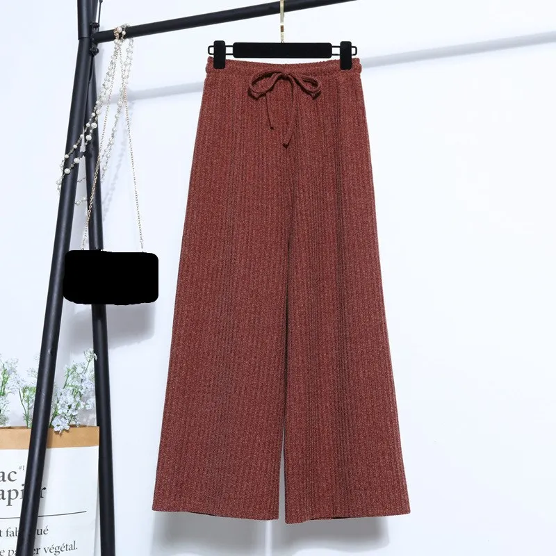 

Women Tide Fashion Drawstring Wide Leg Pants Solid High Waist Large Size Knitted Pants Female Casual Loose Trousers
