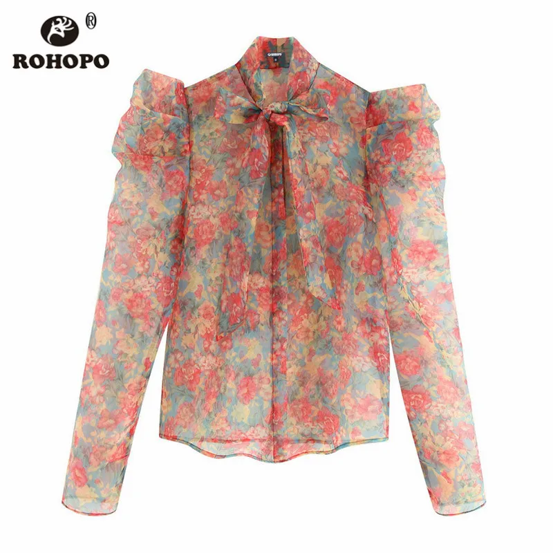  ROHOPO Autumn Women Organza Floral Puff Long Sleeve Blouse Bow Collar Chic Lady Transparent Sexy To