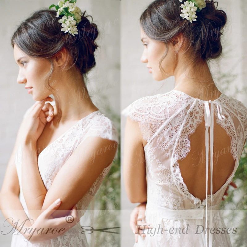 Mryarce Vintage Lace Bohemian Wedding Dresses Keyhole Back bOHO Bridal Dress With Cap Sleeves robe de mariage 3