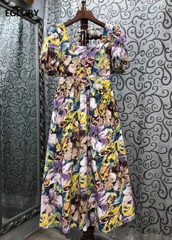 

2020 Summer Fashion Dress High Quality Ladies Square Collar Elegant Flower Print Sexy Backless Short Sleeve Casual Sun Dress