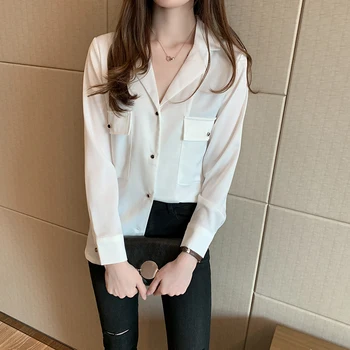 

women tops Chiffon shirt Summer dress Long sleeve fashion Turn-down Collar Solid Button Pockets decoration 2020