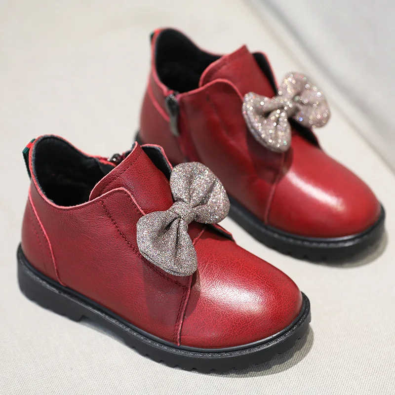 Red with Fur Новые кожаные ботинки с бантом для девочек; детская обувь; сезон осень-зима; кожаные детские ботинки; модные детские ботинки для малышей; теплые зимние ботинки martin - Цвет: Red with Fur