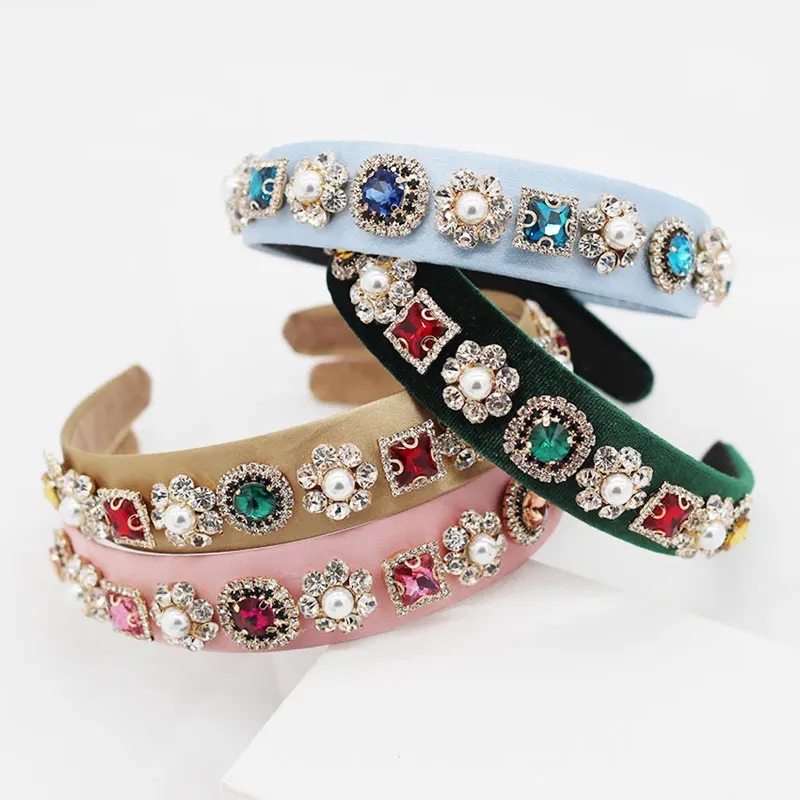 

Baroque Diamond Rhinestone Hairband Vintage Wide Hair Bands Pearl Headband Handmade Wedding Ladies Elegant Hair Accessories