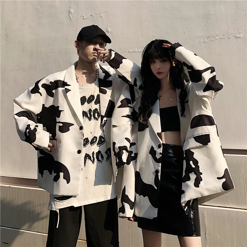 Vintage Streetwear Cow Pattern Long Sleeve Blazer Jacket Women Man Casual Single Breasted Pockets Loose Blazer Outerwear 2020