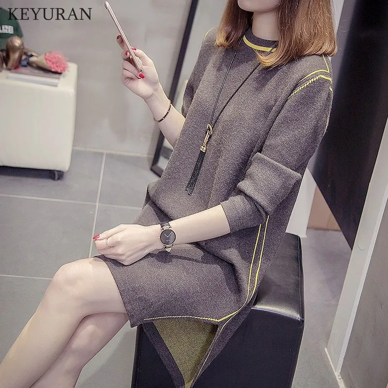 Autumn Winter Pullover Sweater Dress Women 2021 New Plus Size Loose Fashion Striped Female Casual Warm Mini Knit Dresses | Женская