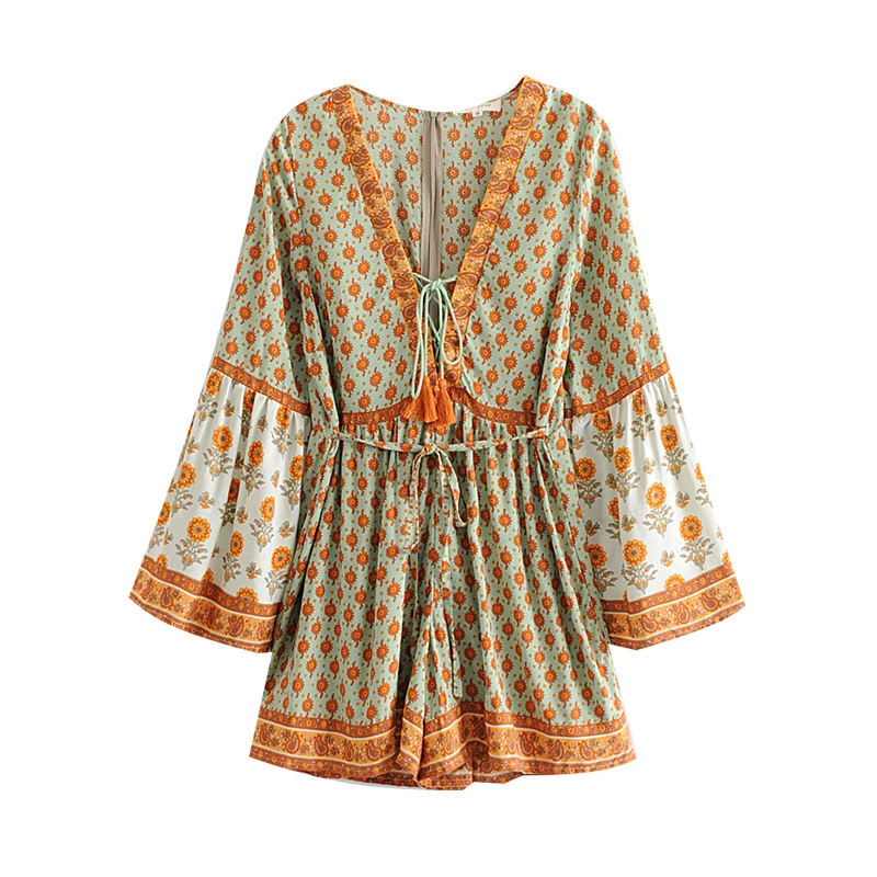 Винтаж шик Happie для женщин цветочный принт пояса Boho комбинезоны дамы V образным вырезом с длинным рукавом кисточкой пляжные Комбинезоны Боди Топы - Цвет: as picture