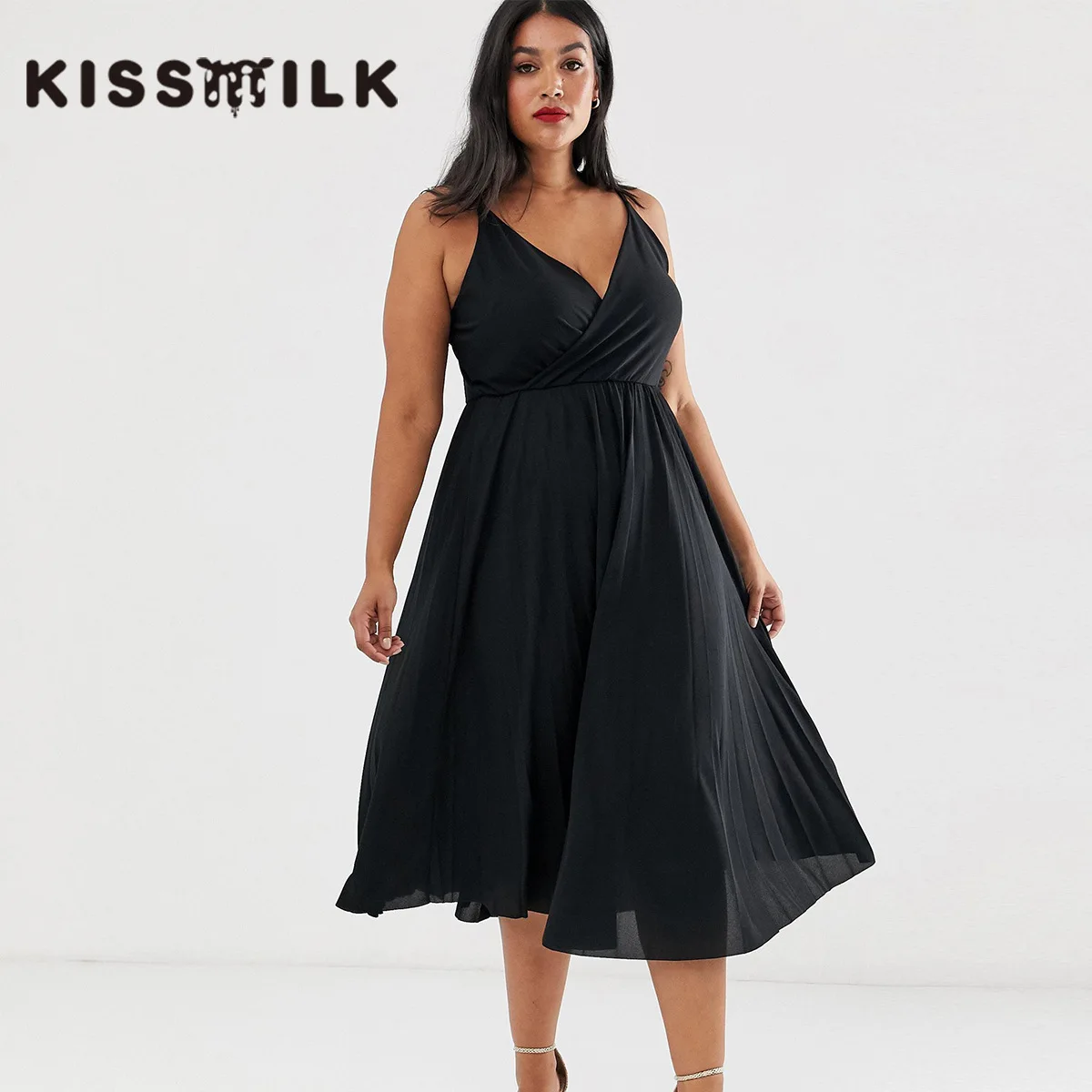 

Europe And America Large Size Sexy V-neck Sleeveless Wrapped Pleated Mid-length Black And White with Pattern Dress