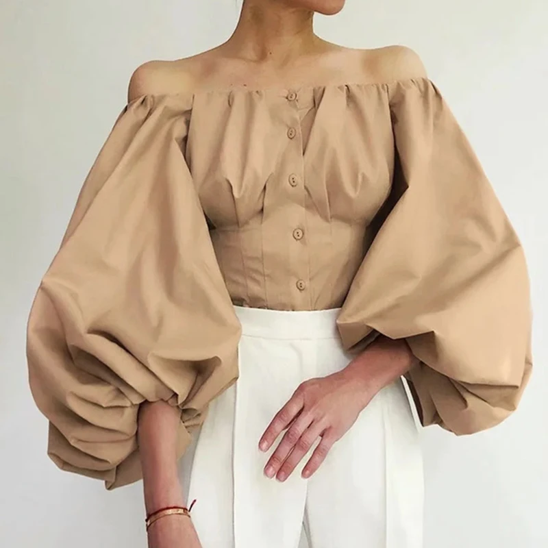 

2020 Autumn New Retro Palace Style Shirts One-Line Collar Lantern Sleeve Single-Breasted Irregular Blouse Women