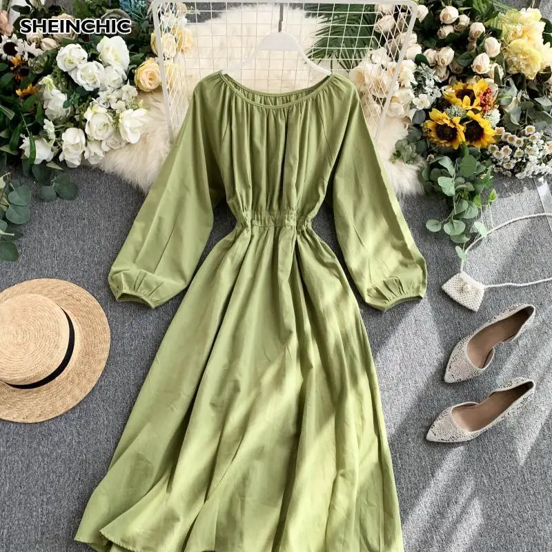 

Autumn 2019 Vintage Women Knee-Length Dress Elegant O Neck Long Sleeve Yellow Black White Dress Casual Party High Waist Dress