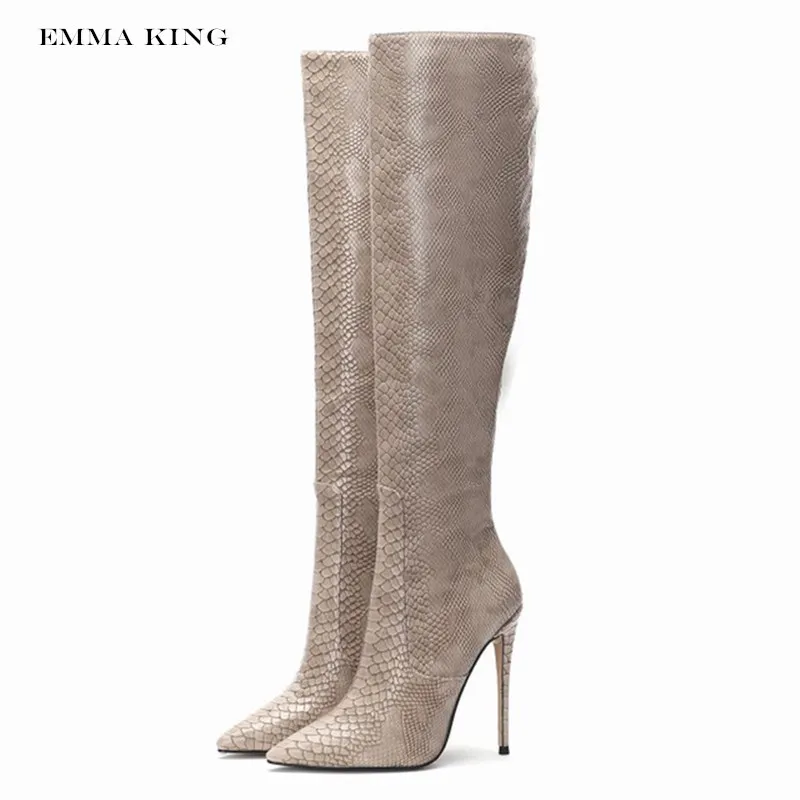 Emma king/ г.; зимние Роскошные винтажные женские сапоги до колена из змеиной кожи с замшевой подкладкой на тонком каблуке 10 см