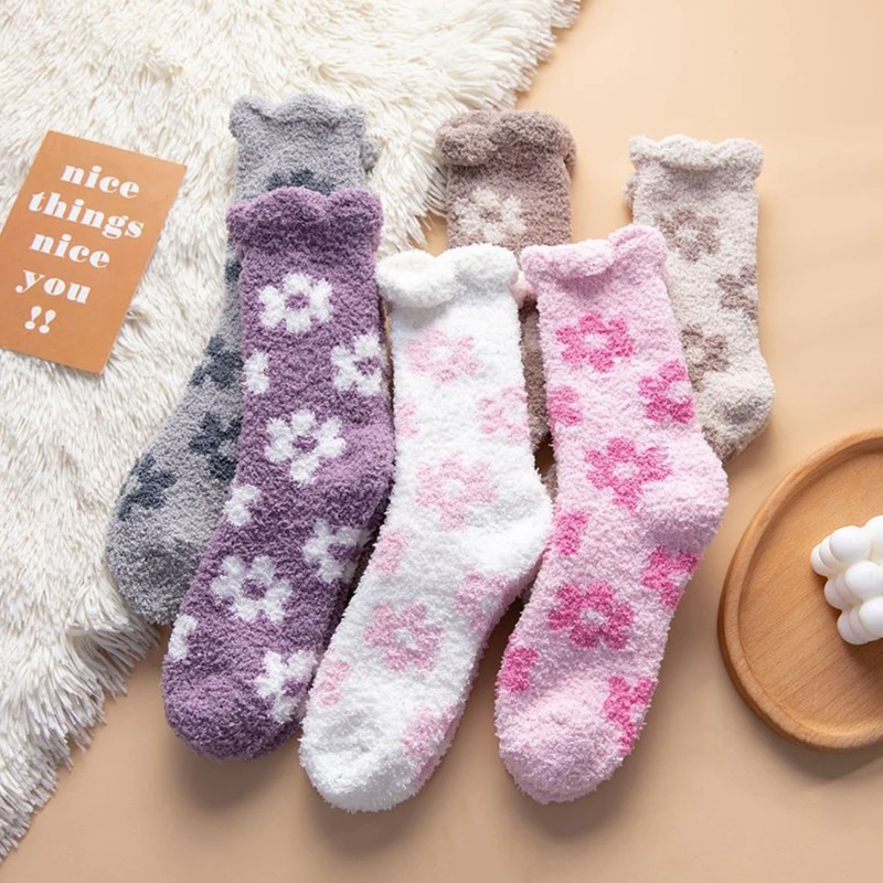 Women Winter Coral Velvet Fuzzy Slipper Socks Sweet Floral Jacquard Solid Color Microfiber Cozy Warm Sleeping Hosiery | Женская одежда