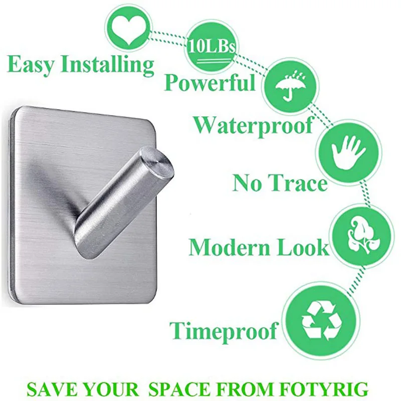 WALFOS 3M Self Adhesive Wall Door Back Hooks Heavy Duty Stainless Steel Clothes Hanger Bathroom Kitchen Towel Rustproof Hook 3