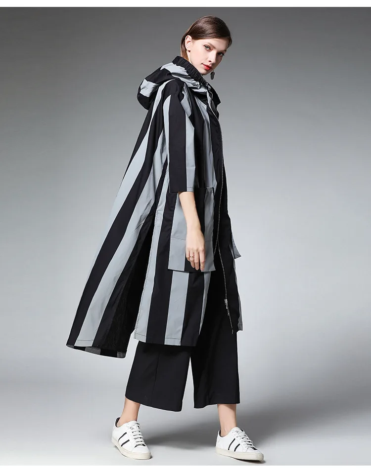 TVVOVVIN Loose Fit Pleated Striped Pockets Jacket New Hooded Collar Long Sleeve Women Coat Fashion Tide Autumn Winter C693