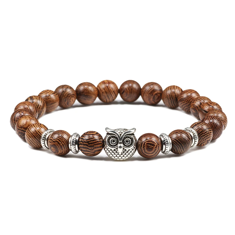 Wooden Beads Модный браслет сова, натуральный тигровый глаз и лавовый камень, вулканический камень, бисерные браслеты, браслет для женщин, мужчин, Йога, пара, ювелирное изделие, подарок - Окраска металла: Wooden Beads