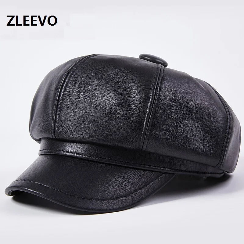 Women Genuine Leather Vintage Hat Women Sheepskin Newsboy Cap Baker Boy Cap High Quality Brand Ladies Winter Octagonal