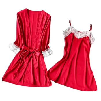

2pc Women Lace Satin Sleepwear Bath Robe Lingerie Pajamas Nightdress Underwear Sexy Women in Pajamas Black Temptation #DM