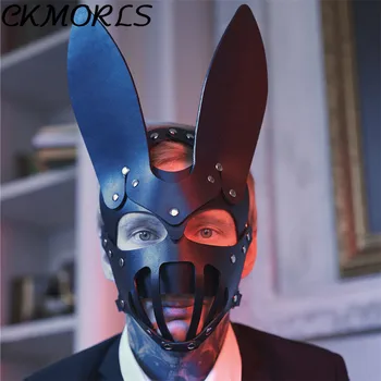 

CKMORLS Fetish Men Leather Half Face Mask Erotic Gothic Punk Rabbit Mask With Rivets Bdsm Adjustable Belt For Cosplay Nightclub