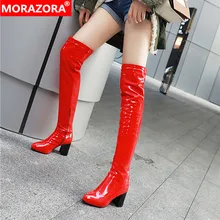 MORAZORA/Новое поступление года; женские ботфорты выше колена; пикантные Вечерние туфли на высоком каблуке для выпускного; осенние обтягивающие сапоги; Цвет Красный