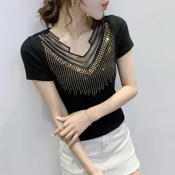 

Summer European Clothes T-shirt Sexy V-Neck Hollow Out Diamonds Cotton Women Tops Ropa Mujer Short Sleeve Tees 2020 New T04515
