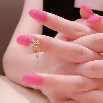 

24pcs Ins Style Full Cover fake press on nails Pink Chain Tassel nail tips Shiny 3D Decoration Wearable Nail with Glue for girls
