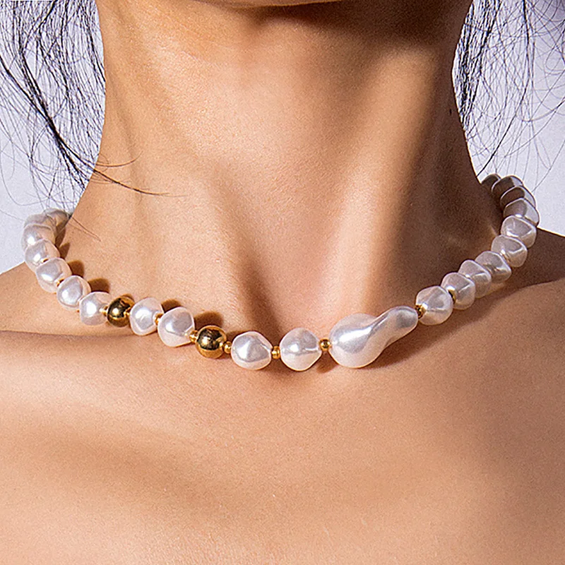 

Single Layer Pearl Necklace Geometric Personality Metal Irregular Handmade Chain Fashion Short Shaped Pearl Necklace