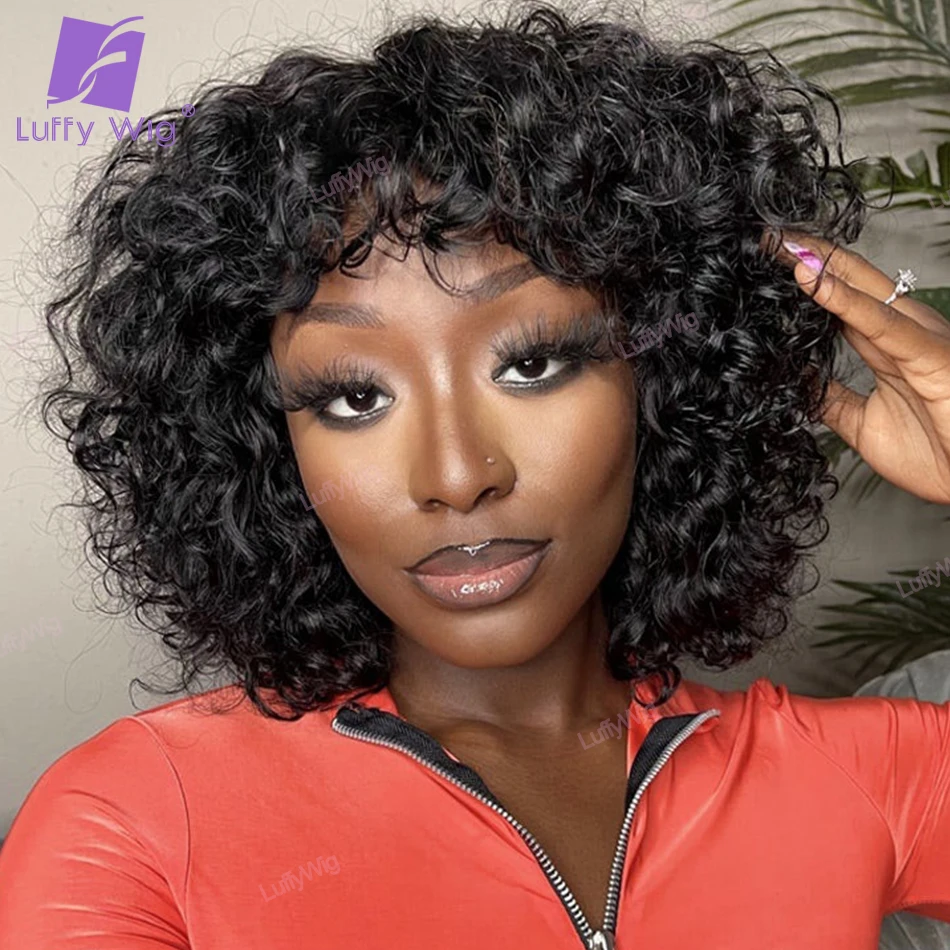 Short Curly Pixie Cut Human Hair Wig Brazilian Remy Hair O Scalp Top Wig  With Bangs Full 200Density For Black Women Luffywig - Aliexpress