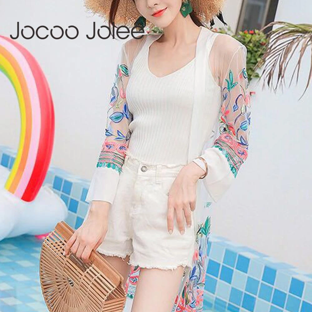 

Jocoo Jolee Women Fashion Mesh Floral Embroidered Long Jacket Long Sleeved Thin Perspective Beach Coats Lady Cardigan Outerwear