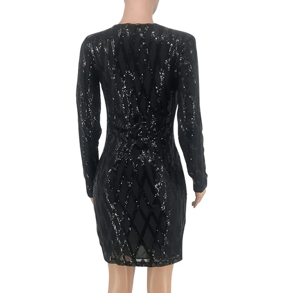 Sexy Mesh Sequined Dress Women Elegant Long Sleeve Black Dress Woman V-neck Bodycon Dress Women Autumn Spring Vestidos#j30