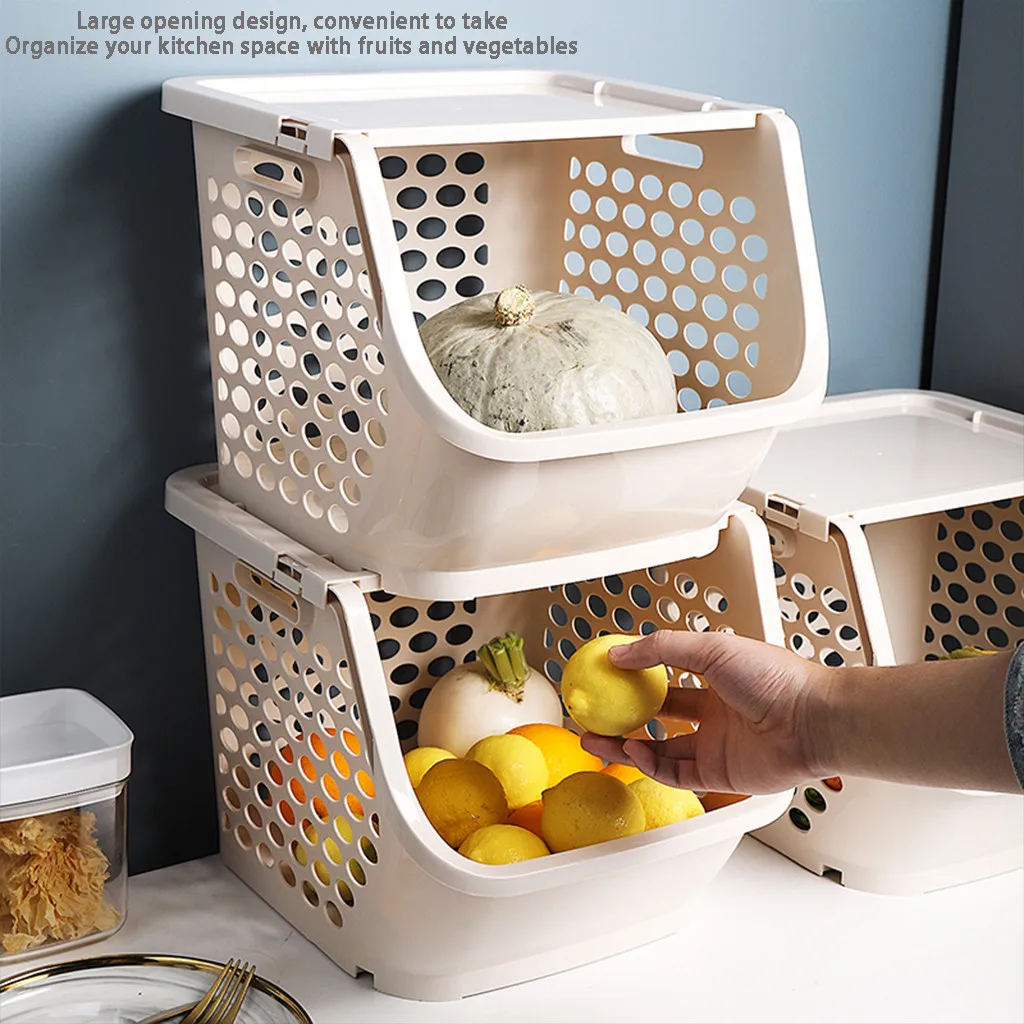 

10#Kitchen Storage Basket Plastic Multi-functional Hollow Vegetables Fruit Racks with Cover Storage Basket for Organizers