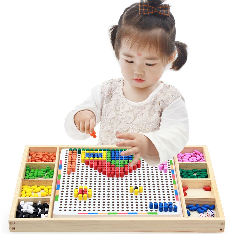 

Educational Wooden Toy Flying Chess Board For Children Mushroom Nail Combination Spell Board Toy Multi-functional Wisdom Platter