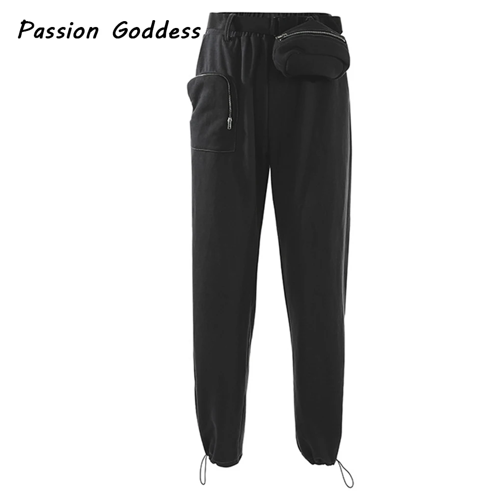Уличные женские плотные теплые спортивные штаны с карманами на молнии, поясная сумка, свободные штаны-шаровары, повседневные свободные штаны для бега с высокой талией - Цвет: Черный