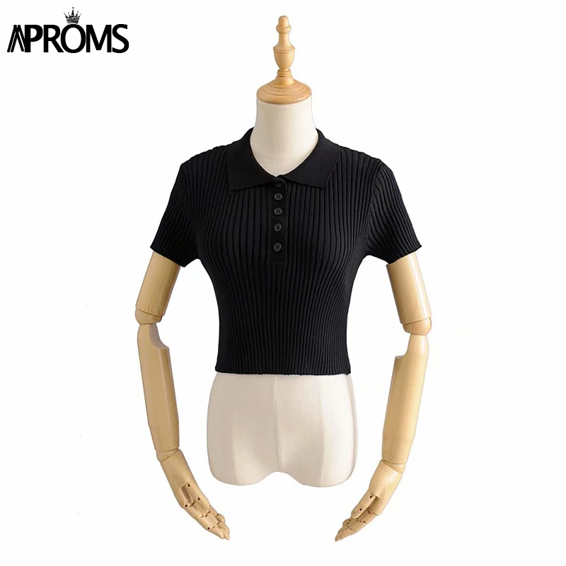 Aproms, Ретро стиль, высокая талия, короткий рукав, базовая футболка,, уличная одежда, вязаная футболка, Женская белая футболка, короткий топ для женщин, одежда - Цвет: Черный
