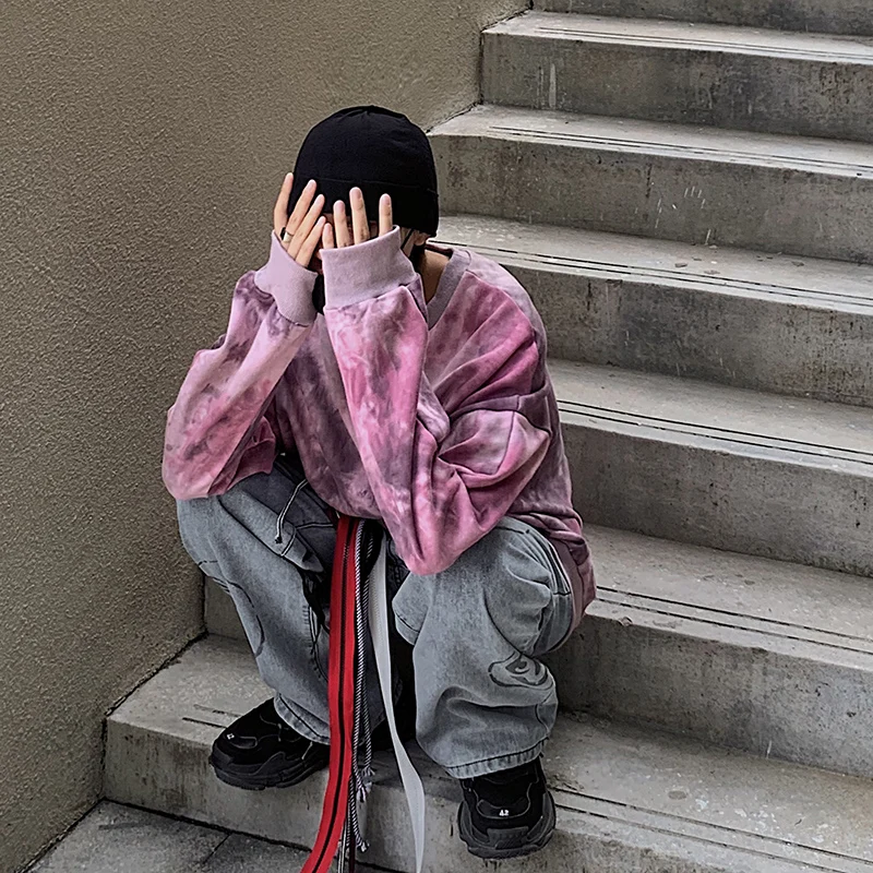 Ретро хип-хоп мужские яркое худи с высоким уличным вырезом лодочкой осенние красочные поппинг толстовки Harajuku Японская уличная одежда