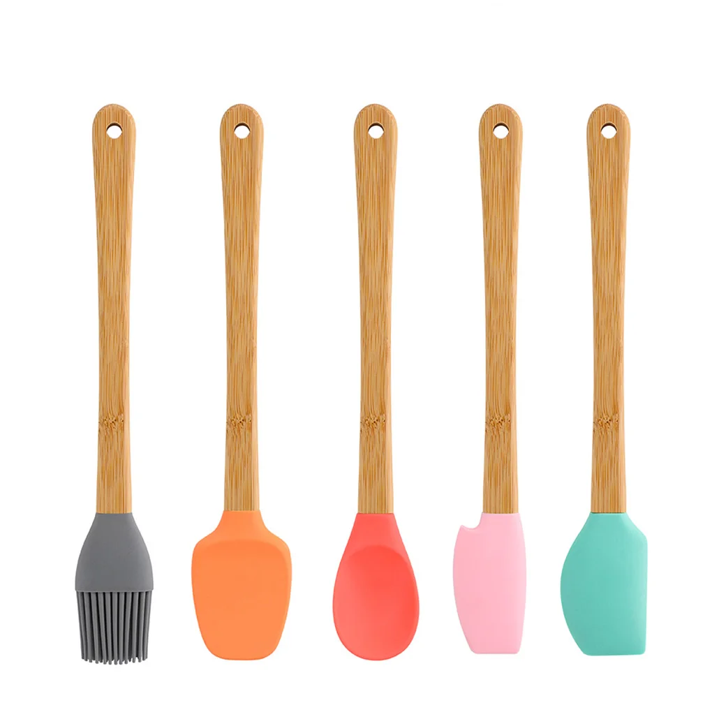 5PCS Baking Brush Spoon Scraper Set Home Bakery Wooden Handle Silicone Head Baking Cooking Tool Kit